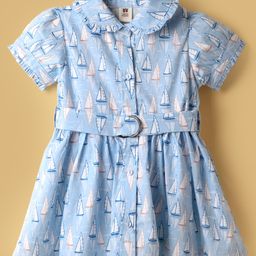 ToffyHouse Cotton Woven Half Sleeves Collared Frock with Boat Print & Belt - Light Blue-image-54