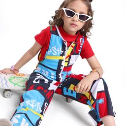 OLLINGTON ST. Cotton Knit Text Printed Dungaree with Rib Half Sleeves Top - Red-picture-23
