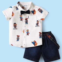 Mark & Mia Cotton Woven Half Sleeves Teddy Bear Printed Shirt & Denim Shorts Set With Bow & Suspender - White & Navy Blue-image-92