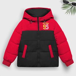 Trampoline Full Sleeves Colour Blocked & Superior Text Printed Hooded Padded Jacket - Red & Black-picture-10