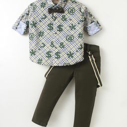 Dapper Dudes Full Sleeves Houndstooth & Dollar Sign Printed Shirt With Pant Suspender & Bow Set - Green-picture-5