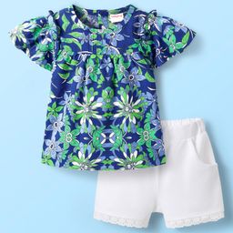 Babyhug Cotton Woven Half Frill Sleeves Floral Printed Top & Shorts Set - White & Blue-image-39