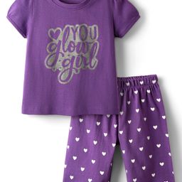Babyhug Cotton Knit Half Sleeves Capri Night Suit With Text & Heart Print - Violet-image-36