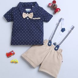 BUMZEE Interlock Knit Half Sleeves Printed Polo T-Shirt & Shorts Set With Bow Applique & Suspender - Navy Blue & Beige-image-8