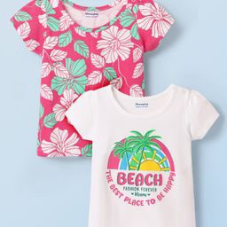 Honeyhap Premium 100%Cotton Knit Half Sleeves Tops with Bio Finish & Beach Theme Print Pack of 2 - Magenta & Bright White-image-54