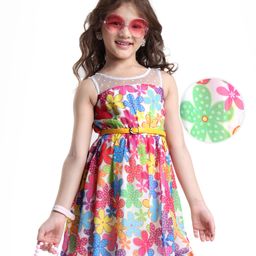 Hola Bonita Woven Sleeveless Frock With Floral Print & Belt - Multicolour-image-35