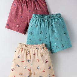 Zero Sinker Knit Above Knee Length Vehicle & Floral Print Shorts Pack Of 3 - Light Blue ,Cream & Pink-image-21