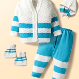 Babyhug Knit Full Sleeves Striped Front Open Sweater Set with Pair of Socks & Cap - Royal Blue & White-picture-40