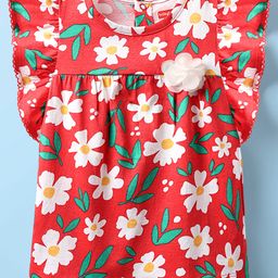 Babyhug 100% Cotton Knit Frill Sleeves Floral Printed Top - Red-picture-27