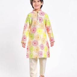 EARTHY TOUCH Cotton Woven Mandarin Collar Full Sleeves Kurta Dhoti Set With Floral Print - Off White-image-83