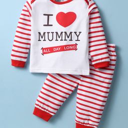 Mini Taurus Sinker Knit Full Sleeves Night Suit with Stripes & I love Mommy Print - Red & White-image-47