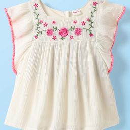 Babyhug Viscose Woven Frill Sleeves Floral Embroidered Top - White-image-51