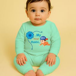 The Peppy Tend 100% Cotton Knit Raksha Bandhan Theme Full Sleeves My First Rakhi Text Printed Romper - Sea Green-image-88
