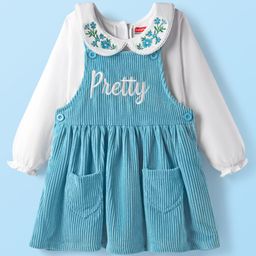 Babyhug Cotton Knit Frock with Full Sleeves Peter Pan Collar Inner Tee Floral & Text Embroidery - Light Blue-picture-10