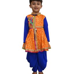 Aglare Cotton Woven Navratri Theme Full Sleeves Bandhani Designed Costume Set - Blue & Yellow-image-9