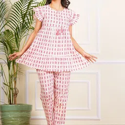 NUNCHII Printed Round Neck Gulabi Ruffle Cotton Co-Ords-picture-37