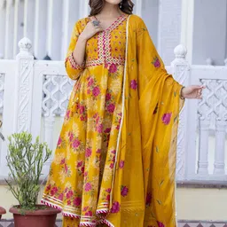 Anouk Floral Embroidered Empire Pure Cotton Anarkali Kurta with Palazzos & Dupatta-picture-3