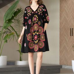 ZUMMER Women Floral Printed Puff Sleeve Empire Dress-image-70