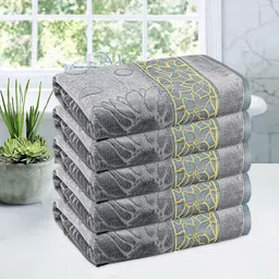 Kuber Industries Grey & Yellow 5 Pieces Printed Cotton 450 GSM Bath Towels-image-60
