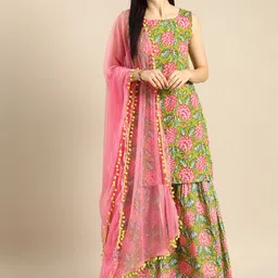 Anouk Women Green & Pink Floral Printed Kurta with Sharara & Dupatta-picture-37