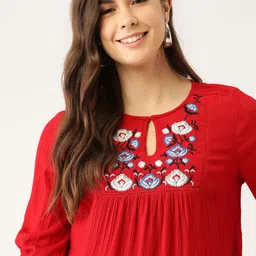 DressBerry Red & Blue Floral Embroidered Keyhole Neck Puff Sleeve Empire Top-image-38