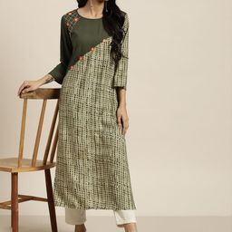 Sangria Women Olive Green & Off White Printed Kurta-image-58