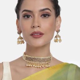 Peora Gold-Plated Polki Stone Beads Choker Necklace & Jhumki Earrings Set-image-96