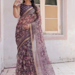 MIRCHI FASHION Purple Floral Print Saree With Unstitched Blouse-39