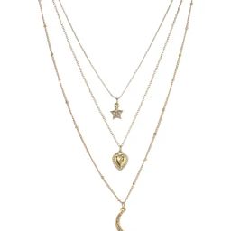Lilly & Sparkle Gold Toned Three-Layered Necklace with Crystal Studded Star, Moon, and Heart Charm-22