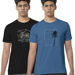 Bullmer Black & Turquoise Cotton Regular Fit Printed T-Shirt - Pack Of 2-picture-1