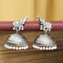 OOMPH Oxidised Silver Elephant Design Jhumki Earrings-5