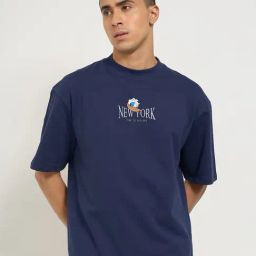 Sf Jeans By Pantaloons Navy Cotton Loose Fit Printed T-Shirts-image-8