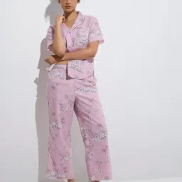 Wunderlove by Westside Lilac Printed Cotton Shirt and Pyjamas Set-image-40