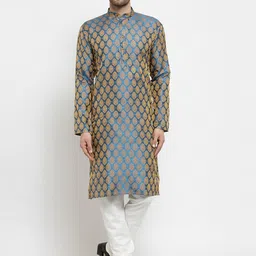Jompers Men Blue & Gold-Toned Self Design Kurta with Churidar-picture-14