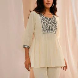 Libas Off-White Cotton Embroidered A Line Short Kurti-picture-6