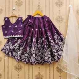 Jovk Design Girls Purple Silk Embroidered Lehenga Choli-image-4