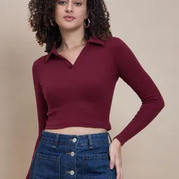 The Roadster Lifestyle Co. Maroon Long Sleeve Shirt Collar Cropped Top-40