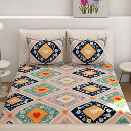 Aura Peach-Coloured & Navy Blue Floral 210 TC Queen Bedsheet with 2 Pillow Covers-image-63