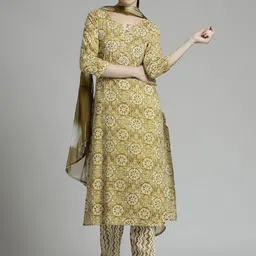 Jaipur Kurti Yellow Floral Embroidered Cotton Mirror Work Kurta With Trousers & Dupatta-50
