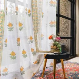 Urban Space Yellow Polyester Printed Door Curtain with Eyelets & Tieback - Set of 2 (7 ft)-75
