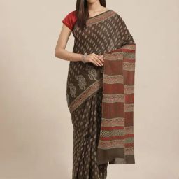 Kalakari India Brown Cotton Printed Saree With Unstitched Blouse-image-71