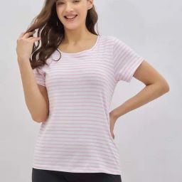 Clovia White Cotton Relaxed Fit Striped Pyjama Sets-image-99