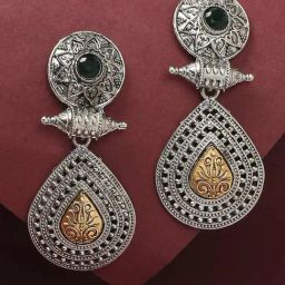 OOMPH Oxidised Silver Ethnic Gold Teardrop Accents Dangler Earrings-30