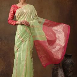 Silk Land Parrot Green Cotton Woven Saree With Unstitched Blouse-image-17