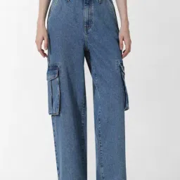 Only Light Blue Cotton Straight Fit High Rise Cargo Jeans-image-43