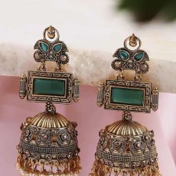 OOMPH Green Matte Gold Statement Jhumki Earrings-35