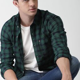 Harvard Men Navy & Green Slim Fit Checked Sustainable Casual Shirt-image-33