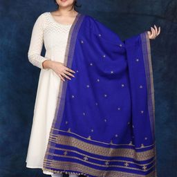 Exotic India Bluing Floral Embroidered Mirror Work Wool Shawl-picture-56
