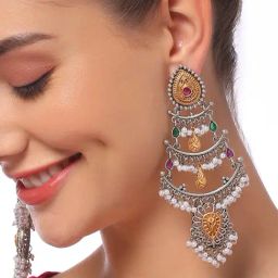 OOMPH Oxidised Silver Long Ethnic Gold Teardrop Accents Chand Bali Earrings-image-5