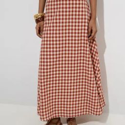 LOV by Westside Rust Gingham Checkered High-Rise Cotton Skirt-picture-0